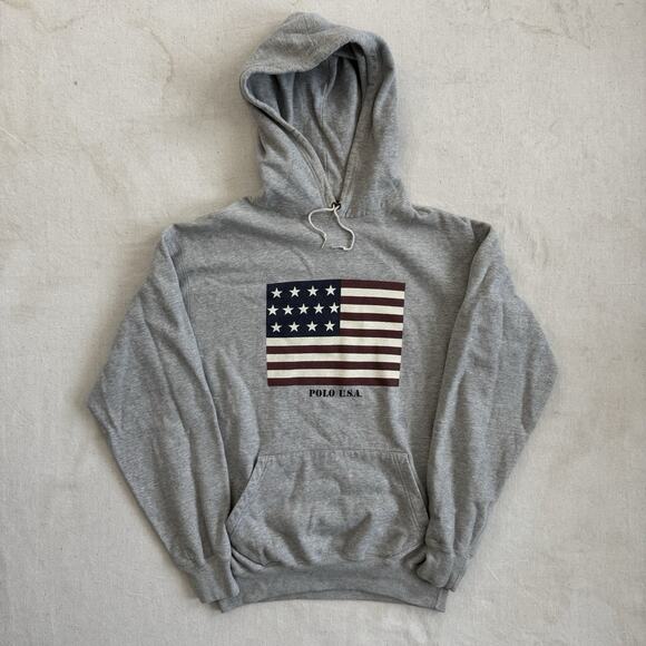 Vintage 90s Polo Ralph Lauren USA American Flag Hoodie Sweatshirt Medium Grey - Picture 1 of 7
